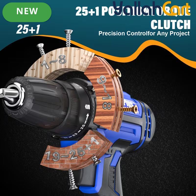 Cordless Electric Power Drill Driver Set - Blue/Black, 1/2 Batteries, 3/8 Inch Keyless Chuck, 25+1 Torque Settings, 45N.m Max Torque, LED Light, 2-Speed Combi Hammer Screwdriver Kit, 26 Bits, Kitbox for DIY