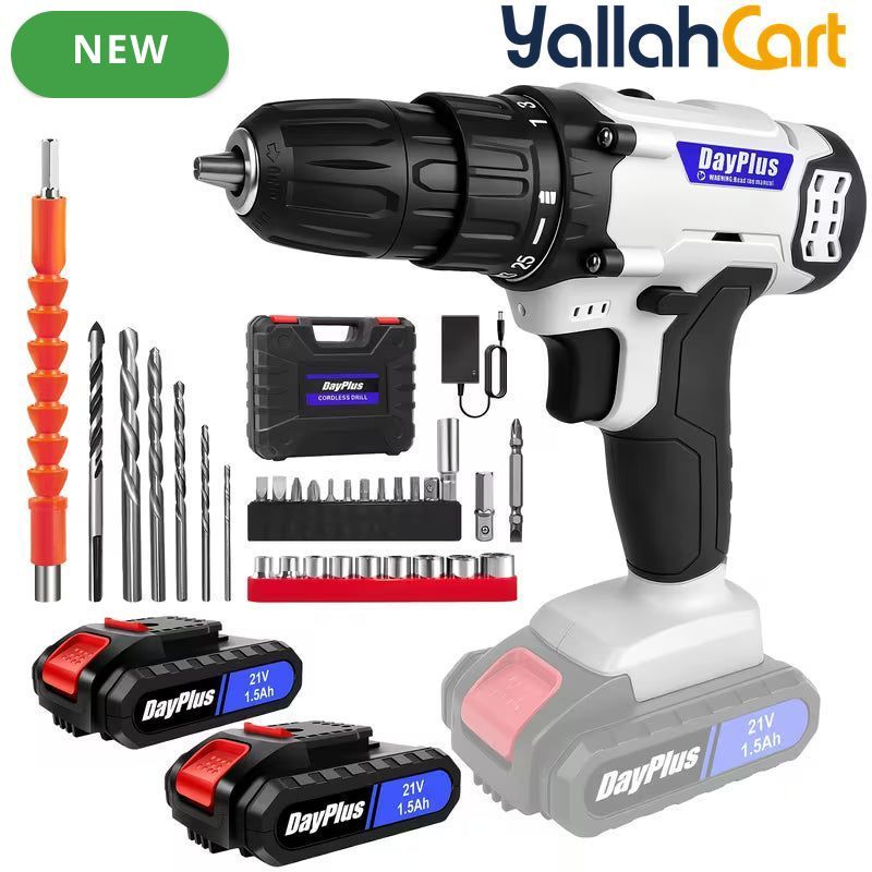 Cordless Electric Power Drill Driver Set - Blue/Black, 1/2 Batteries, 3/8 Inch Keyless Chuck, 25+1 Torque Settings, 45N.m Max Torque, LED Light, 2-Speed Combi Hammer Screwdriver Kit, 26 Bits, Kitbox for DIY