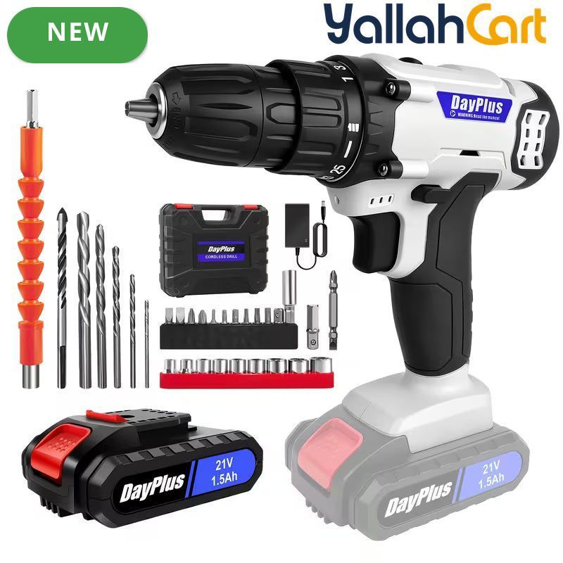 Cordless Electric Power Drill Driver Set - Blue/Black, 1/2 Batteries, 3/8 Inch Keyless Chuck, 25+1 Torque Settings, 45N.m Max Torque, LED Light, 2-Speed Combi Hammer Screwdriver Kit, 26 Bits, Kitbox for DIY