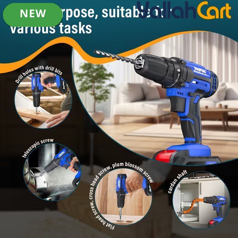 Cordless Electric Power Drill Driver Set - Blue/Black, 1/2 Batteries, 3/8 Inch Keyless Chuck, 25+1 Torque Settings, 45N.m Max Torque, LED Light, 2-Speed Combi Hammer Screwdriver Kit, 26 Bits, Kitbox for DIY