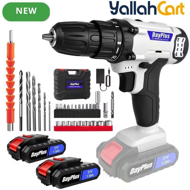 Cordless Electric Power Drill Driver Set - Blue/Black, 1/2 Batteries, 3/8 Inch Keyless Chuck, 25+1 Torque Settings, 45N.m Max Torque, LED Light, 2-Speed Combi Hammer Screwdriver Kit, 26 Bits, Kitbox for DIY