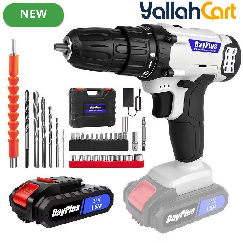 Cordless Electric Power Drill Driver Set - Blue/Black, 1/2 Batteries, 3/8 Inch Keyless Chuck, 25+1 Torque Settings, 45N.m Max Torque, LED Light, 2-Speed Combi Hammer Screwdriver Kit, 26 Bits, Kitbox for DIY