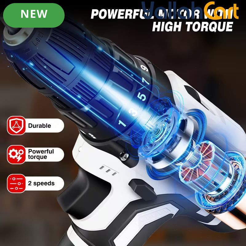 21V Cordless Drill - Black & White, 45NM Brushless Impact Drill, 2 Speed Modes, 0-400/1400RPM, LED Light, 2 X 1500mAh Batteries, Charger, 30pcs Drill Accessories And Plastic Case