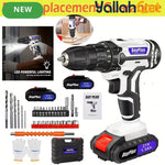 21V Cordless Drill - Black & White, 45NM Brushless Impact Drill, 2 Speed Modes, 0-400/1400RPM, LED Light, 2 X 1500mAh Batteries, Charger, 30pcs Drill Accessories And Plastic Case