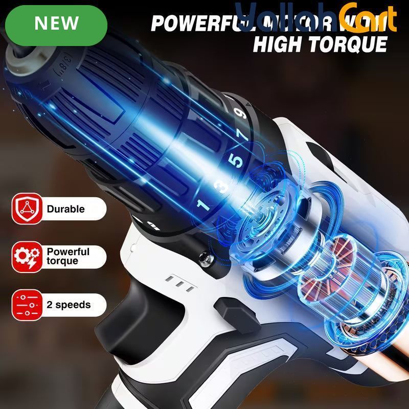 21V Cordless Drill - Black & White, 45NM Brushless Impact Drill, 2 Speed Modes, 0-400/1400RPM, LED Light, 2 X 1500mAh Batteries, Charger, 30pcs Drill Accessories And Plastic Case