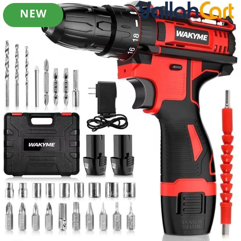 Drill Screwdriver Set - Black & Red, 12.6V 30Nm Electric Drill, 2 Batteries, 18+3 Clutch, 3/8 Inch Keyless Chuck, Variable Speed, Compact LED Screwdriver for Brick, Wood & Metal