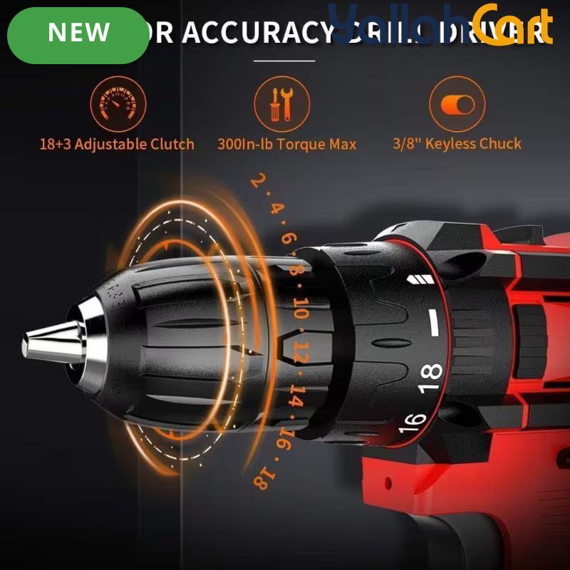 Drill Screwdriver Set - Black & Red, 12.6V 30Nm Electric Drill, 2 Batteries, 18+3 Clutch, 3/8 Inch Keyless Chuck, Variable Speed, Compact LED Screwdriver for Brick, Wood & Metal