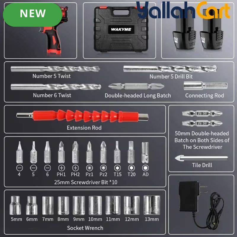 Drill Screwdriver Set - Black & Red, 12.6V 30Nm Electric Drill, 2 Batteries, 18+3 Clutch, 3/8 Inch Keyless Chuck, Variable Speed, Compact LED Screwdriver for Brick, Wood & Metal