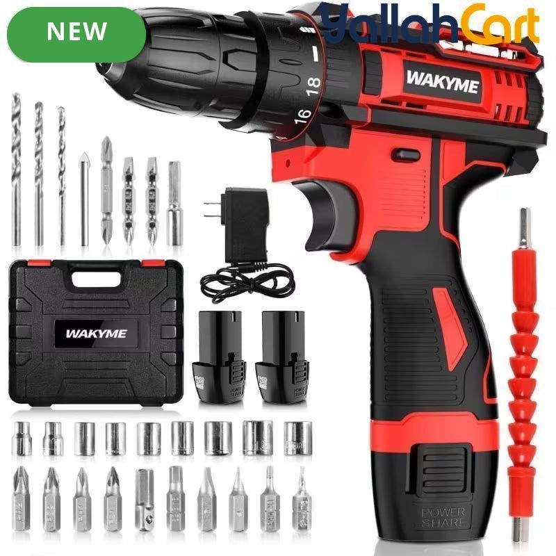 Drill Screwdriver Set - Black & Red, 12.6V 30Nm Electric Drill, 2 Batteries, 18+3 Clutch, 3/8 Inch Keyless Chuck, Variable Speed, Compact LED Screwdriver for Brick, Wood & Metal