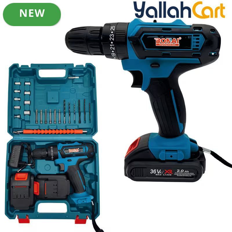 Bonai BN-HK62 Cordless Drill Driver - Black/Blue, 36VF 2.0Ah Li-Ion Battery, 40N·m Torque, 10mm Keyless Chuck, 2-Speed 0-350/0-1400 RPM, Variable Speed, LED Light, Compact Electric Screwdriver Kit