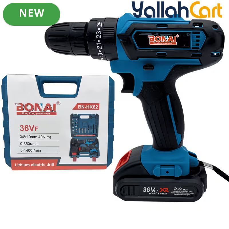 Bonai BN-HK62 Cordless Drill Driver - Black/Blue, 36VF 2.0Ah Li-Ion Battery, 40N·m Torque, 10mm Keyless Chuck, 2-Speed 0-350/0-1400 RPM, Variable Speed, LED Light, Compact Electric Screwdriver Kit