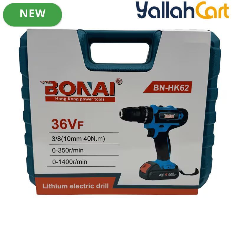 Bonai BN-HK62 Cordless Drill Driver - Black/Blue, 36VF 2.0Ah Li-Ion Battery, 40N·m Torque, 10mm Keyless Chuck, 2-Speed 0-350/0-1400 RPM, Variable Speed, LED Light, Compact Electric Screwdriver Kit