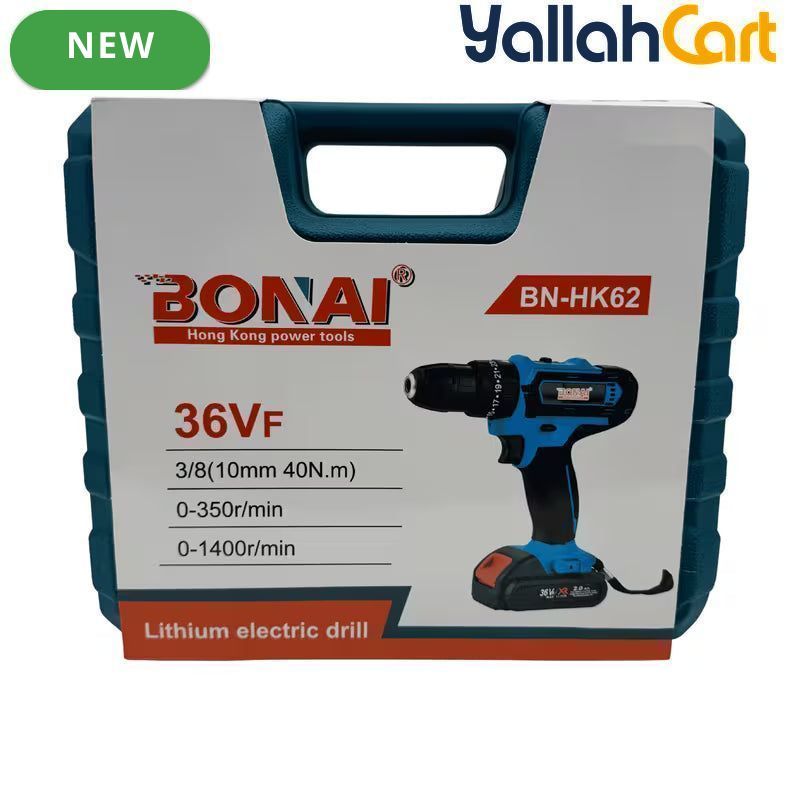 Bonai BN-HK62 Cordless Drill Driver - Black/Blue, 36VF 2.0Ah Li-Ion Battery, 40N·m Torque, 10mm Keyless Chuck, 2-Speed 0-350/0-1400 RPM, Variable Speed, LED Light, Compact Electric Screwdriver Kit