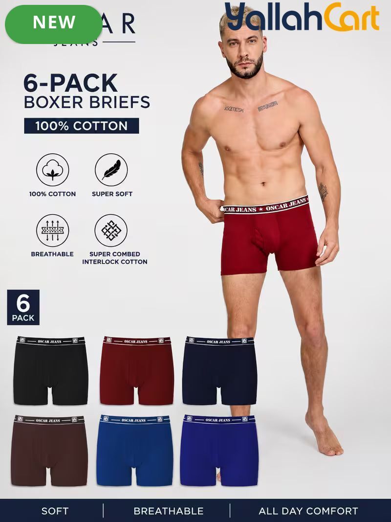 6 Pack 100% Cotton Men's Boxer Briefs - Black/Maroon/Blue/Navy/Brown/Royal, Super Combed Ultrasoft Breathable Underwear, No-Marks Waistband, Tagless Design, Moisture-Wicking Mid-Thigh Fit