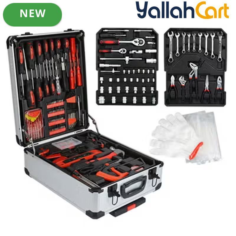 499pcs Professional Hardware Tools Set - Silver & Red, Comprehensive Hand Tool Kit with Aluminum Trolley, Wrenches, Screwdrivers, Pliers, Sockets, Repair Tools, Portable Rolling Storage Case for Home, Workshop & Automotive