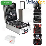 499pcs Professional Hardware Tools Set - Silver & Red, Comprehensive Hand Tool Kit with Aluminum Trolley, Wrenches, Screwdrivers, Pliers, Sockets, Repair Tools, Portable Rolling Storage Case for Home, Workshop & Automotive