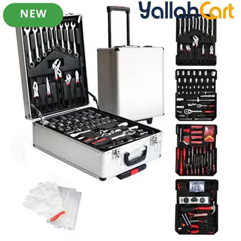 499pcs Professional Hardware Tools Set - Silver & Red, Comprehensive Hand Tool Kit with Aluminum Trolley, Wrenches, Screwdrivers, Pliers, Sockets, Repair Tools, Portable Rolling Storage Case for Home, Workshop & Automotive