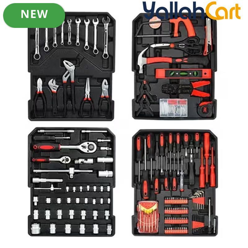 499pcs Professional Hardware Tools Set - Silver & Red, Comprehensive Hand Tool Kit with Aluminum Trolley, Wrenches, Screwdrivers, Pliers, Sockets, Repair Tools, Portable Rolling Storage Case for Home, Workshop & Automotive