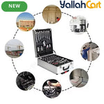 499pcs Professional Hardware Tools Set - Silver & Red, Comprehensive Hand Tool Kit with Aluminum Trolley, Wrenches, Screwdrivers, Pliers, Sockets, Repair Tools, Portable Rolling Storage Case for Home, Workshop & Automotive