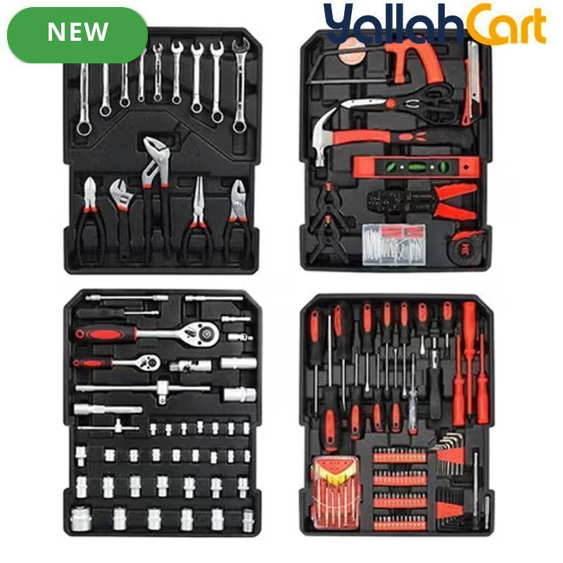 499pcs Professional Hardware Tools Set - Silver & Red, Comprehensive Hand Tool Kit with Aluminum Trolley, Wrenches, Screwdrivers, Pliers, Sockets, Repair Tools, Portable Rolling Storage Case for Home, Workshop & Automotive
