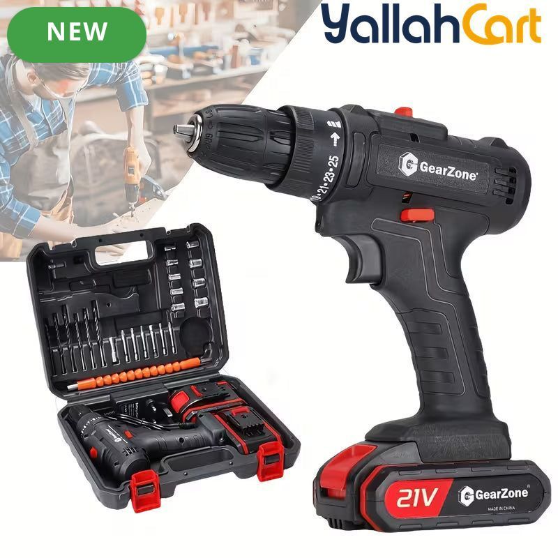 Upgrade 21V Electric Drill - Black And Red, 2pcs Batteries, Multifunctional Electric Impact Cordless Drill, Wireless Hand Drill, Home Electric Power Tool, Rechargeable Drill Driver With Accessories