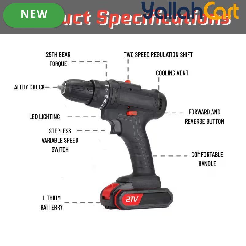 Upgrade 21V Electric Drill - Black And Red, 2pcs Batteries, Multifunctional Electric Impact Cordless Drill, Wireless Hand Drill, Home Electric Power Tool, Rechargeable Drill Driver With Accessories