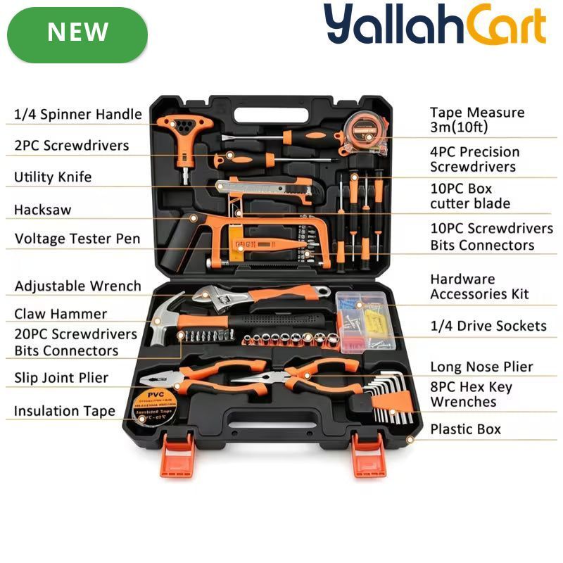 80pcs Multi Purpose Hand Tool Kit - Black & Orange, Carbon Steel Hardware Tools, Screwdriver, Socket Set, Wrench, Pliers, Complete Home & Office Repair Kit with Solid Storage Box