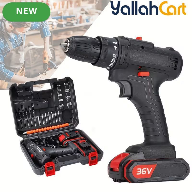Upgrade 36V Electric Drill - Black And Red, 2pcs Batteries, Multifunctional Impact Cordless Drill, Wireless Hand Drill, Home Electric Power Tool, Complete Drill Kit With Accessories