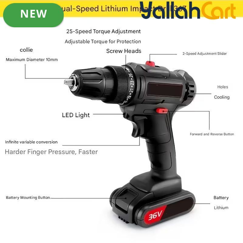 Upgrade 36V Electric Drill - Black And Red, 2pcs Batteries, Multifunctional Impact Cordless Drill, Wireless Hand Drill, Home Electric Power Tool, Complete Drill Kit With Accessories