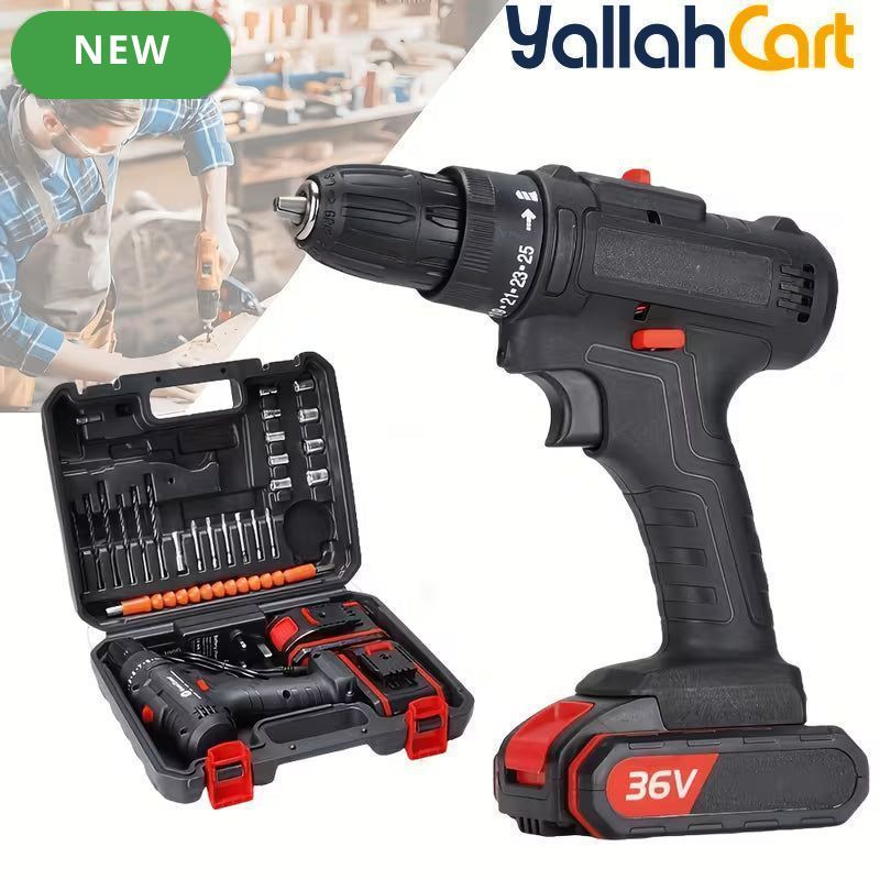 Upgrade 36V Electric Drill - Black And Red, 2pcs Batteries, Multifunctional Impact Cordless Drill, Wireless Hand Drill, Home Electric Power Tool, Complete Drill Kit With Accessories