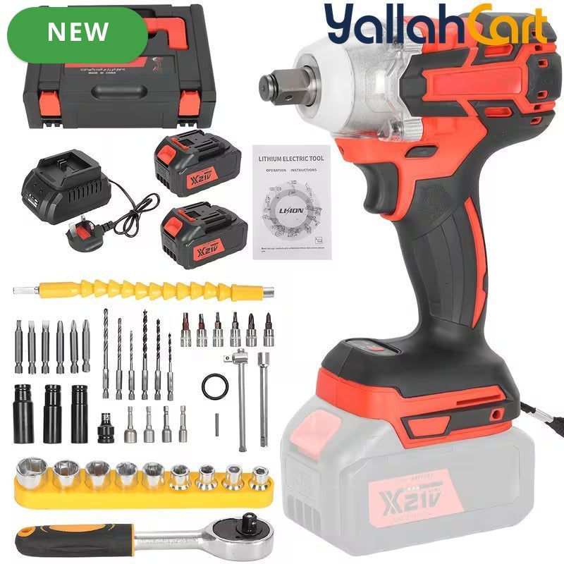 650N.M 1/2-Inch Cordless Impact Wrench - Black/Red, Brushless Impact Gun, 3300RPM High Torque Electric Power Driver, 2X 21V Batteries, Heavy-Duty Impact Wrench Set for Car & Home