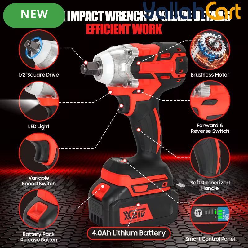 650N.M 1/2-Inch Cordless Impact Wrench - Black/Red, Brushless Impact Gun, 3300RPM High Torque Electric Power Driver, 2X 21V Batteries, Heavy-Duty Impact Wrench Set for Car & Home