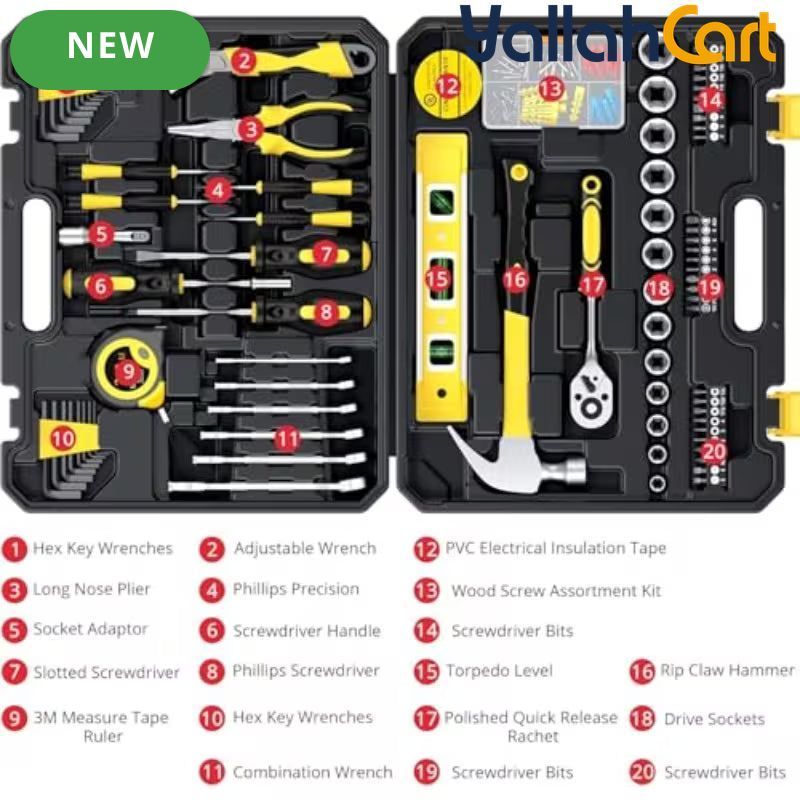 108pcs Household And Automotive Tool Set - Black/Yellow, Home And Car Repair Hand Tools Kit, Complete Mechanic Tool Set with Portable Toolbox Organizer, Wrenches, Screwdrivers, Pliers And Accessories