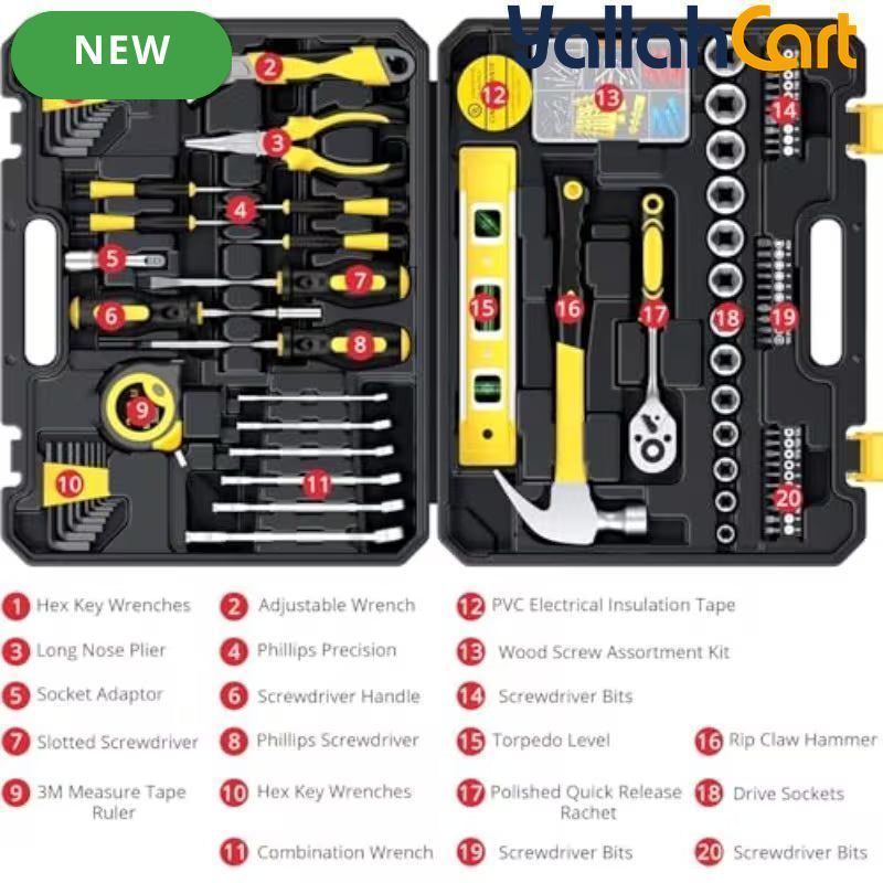 108pcs Household And Automotive Tool Set - Black/Yellow, Home And Car Repair Hand Tools Kit, Complete Mechanic Tool Set with Portable Toolbox Organizer, Wrenches, Screwdrivers, Pliers And Accessories