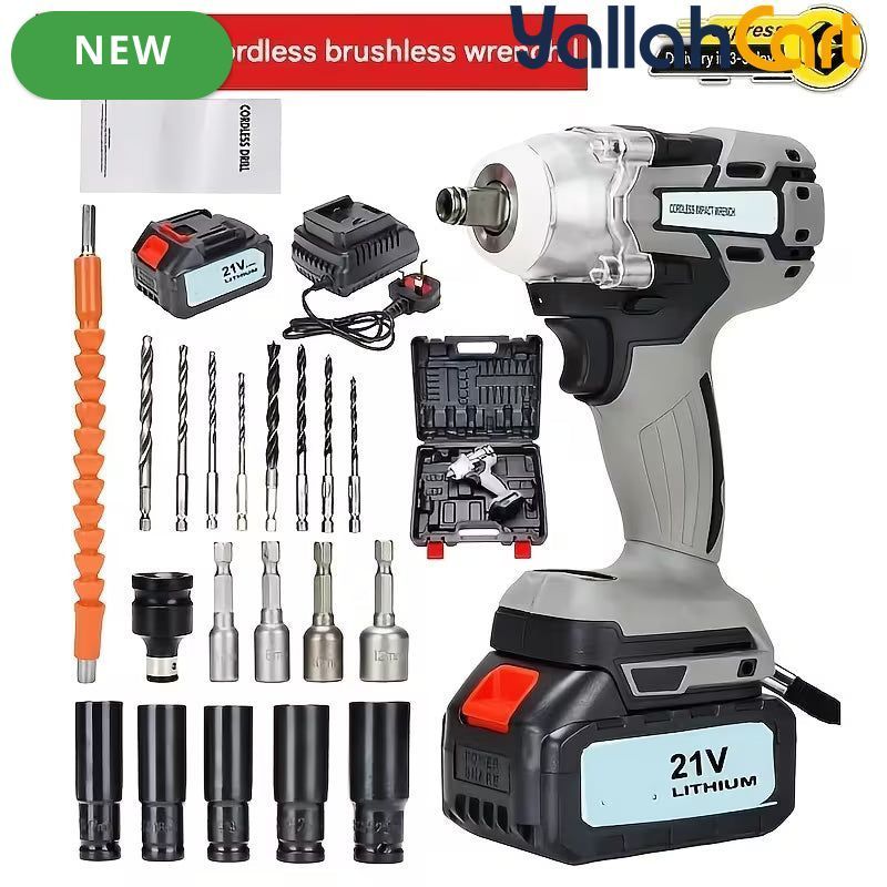 1/2 Inch Brushless Cordless High Torque Impact Wrench - Silver/Black, Battery Powered Impact Gun, High Torque Motor, Fast Charger, 1/2 Inch Drive, Perfect for Car, Truck & Automotive Maintenance