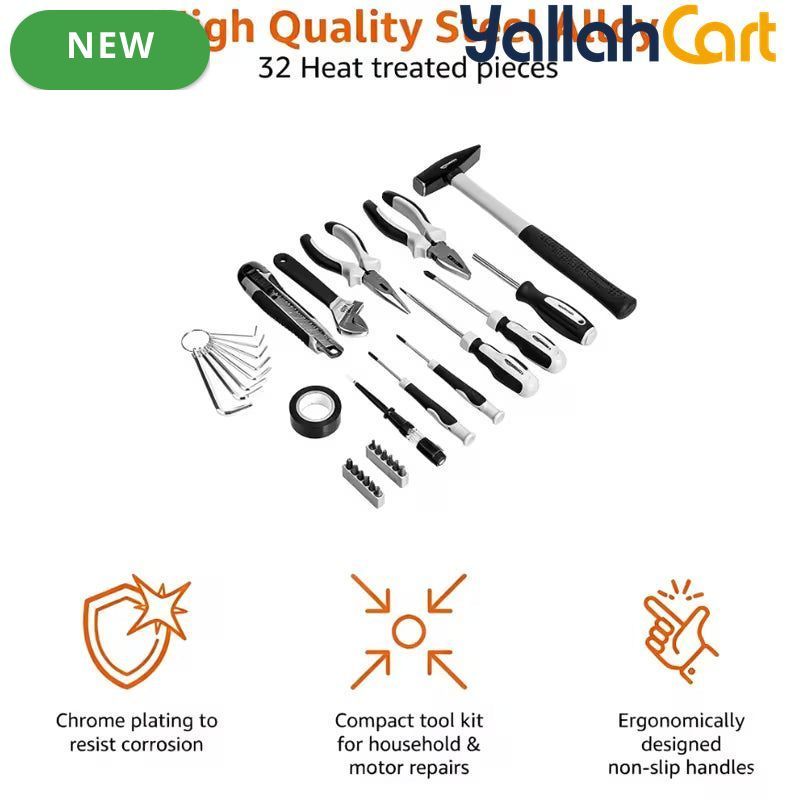 32pcs Household Hand Tool Set - Black & Silver, High Grade Complete Hardware Tool Kit, Sturdy Practical Hand Tools for Home Improvement, Household Maintenance, DIY Projects and General Handwork