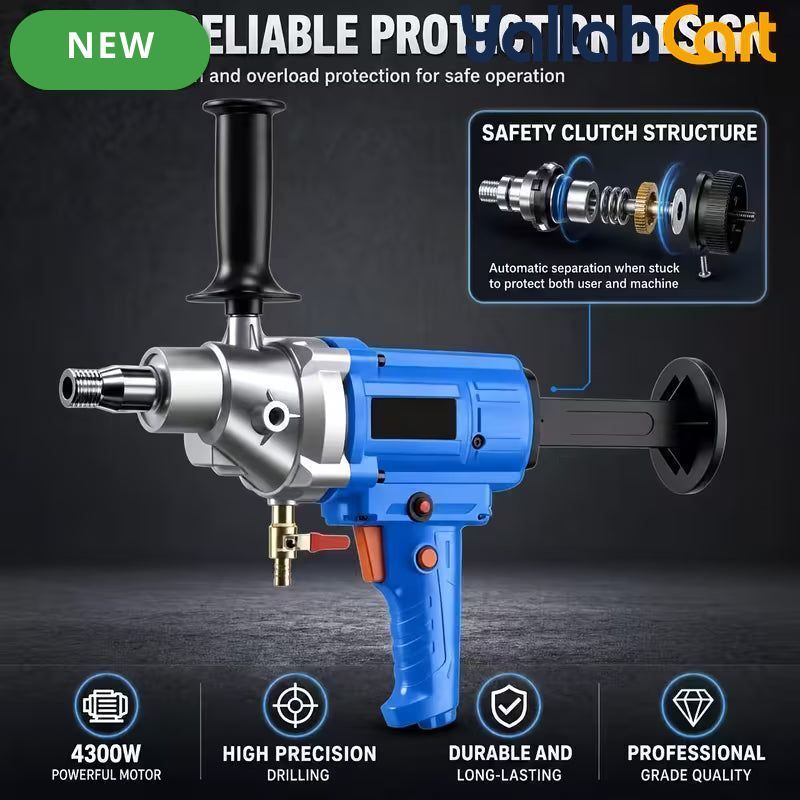 Industrial 4300W Diamond Core Drilling Machine - Blue & Silver, Portable Handheld Wet Core Drill, 1900RPM Idle Speed, Overload Protection, Safety Clutch, Concrete, Brick & Wall Hole Making