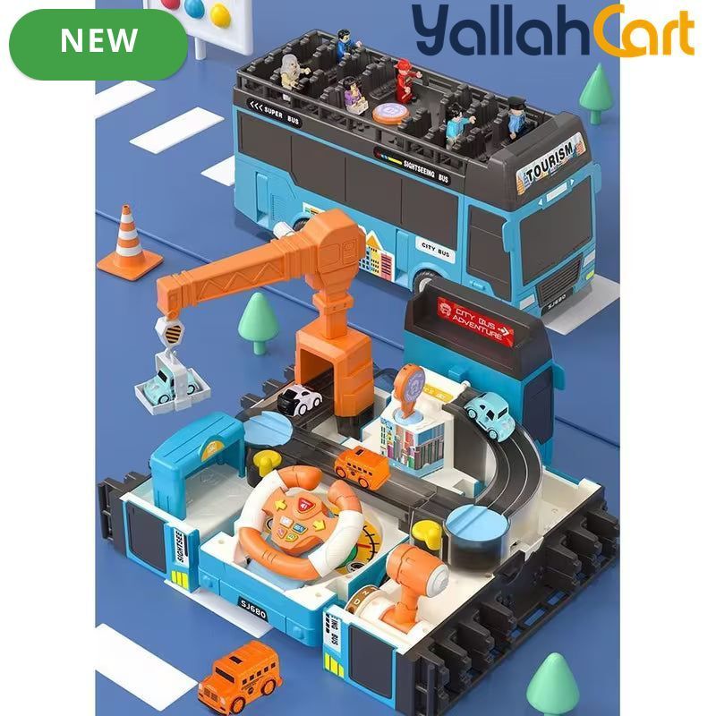 Race Track Car Adventure Toy - Blue Transforming Bus Rescue Vehicle with Sound & Light, Play Vehicle for Kids Ages 3-8, Car Rescue Adventure Toy, Transforming Vehicle Playset, Gift for Boys & Girls