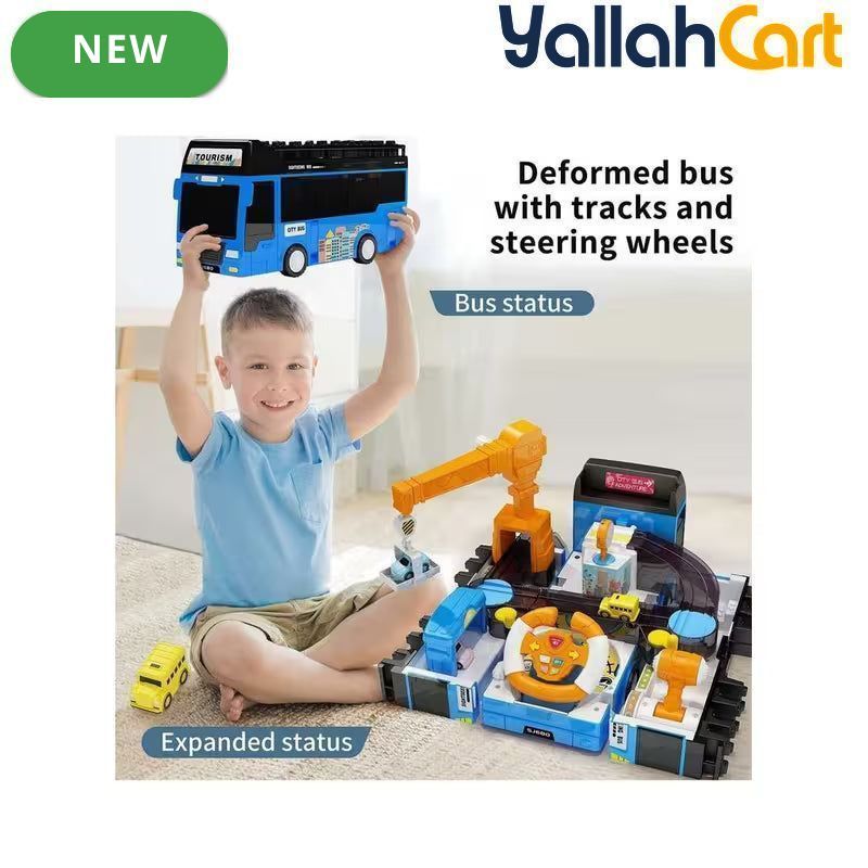 Race Track Car Adventure Toy - Blue Transforming Bus Rescue Vehicle with Sound & Light, Play Vehicle for Kids Ages 3-8, Car Rescue Adventure Toy, Transforming Vehicle Playset, Gift for Boys & Girls