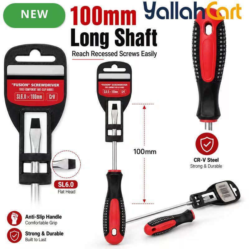 SL6.0 x 100mm Slotted Screwdriver - Black/Red, Long Shaft Flat Head Screwdriver, Anti-Slip Grip Handle, Steel Shaft, Hand Tool for DIY, Home Repair, Furniture Assembly, Cabinets & Workshop Use