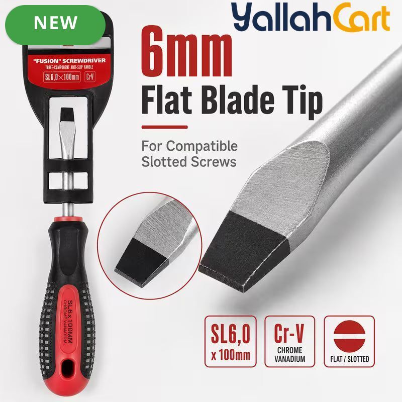 SL6.0 x 100mm Slotted Screwdriver - Black/Red, Long Shaft Flat Head Screwdriver, Anti-Slip Grip Handle, Steel Shaft, Hand Tool for DIY, Home Repair, Furniture Assembly, Cabinets & Workshop Use