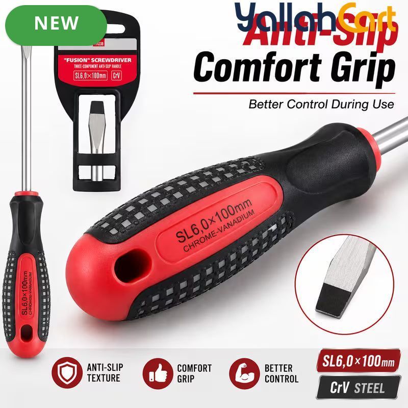SL6.0 x 100mm Slotted Screwdriver - Black/Red, Long Shaft Flat Head Screwdriver, Anti-Slip Grip Handle, Steel Shaft, Hand Tool for DIY, Home Repair, Furniture Assembly, Cabinets & Workshop Use