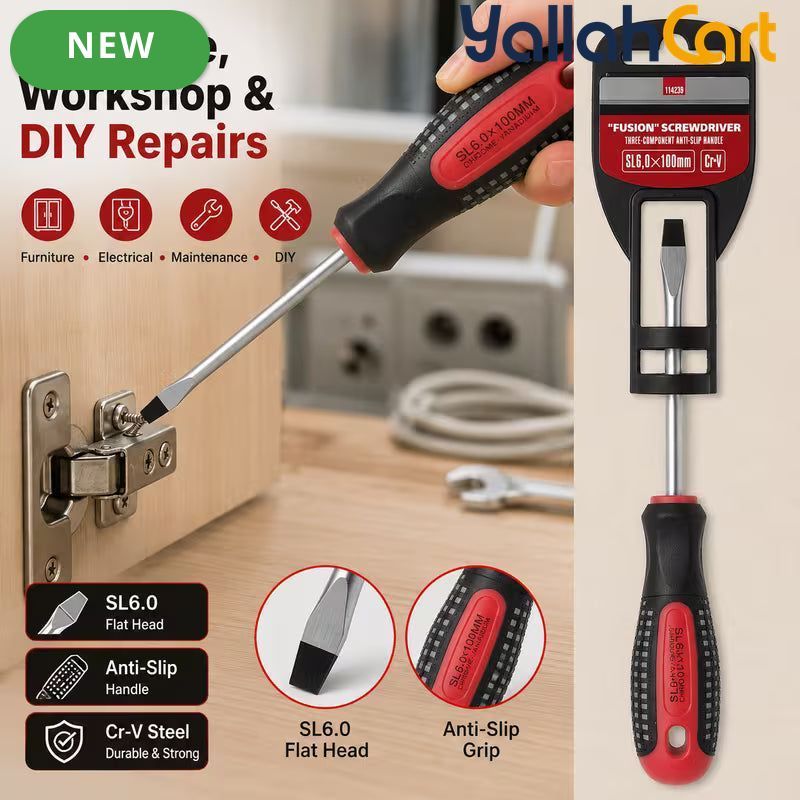 SL6.0 x 100mm Slotted Screwdriver - Black/Red, Long Shaft Flat Head Screwdriver, Anti-Slip Grip Handle, Steel Shaft, Hand Tool for DIY, Home Repair, Furniture Assembly, Cabinets & Workshop Use