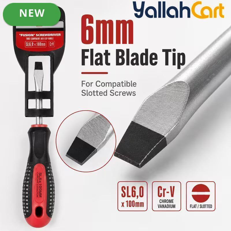 SL6.0 x 100mm Slotted Screwdriver - Black/Red, Long Shaft Flat Head Screwdriver, Anti-Slip Grip Handle, Steel Shaft, Hand Tool for DIY, Home Repair, Furniture Assembly, Cabinets & Workshop Use