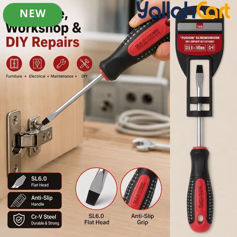 SL6.0 x 100mm Slotted Screwdriver - Black/Red, Long Shaft Flat Head Screwdriver, Anti-Slip Grip Handle, Steel Shaft, Hand Tool for DIY, Home Repair, Furniture Assembly, Cabinets & Workshop Use