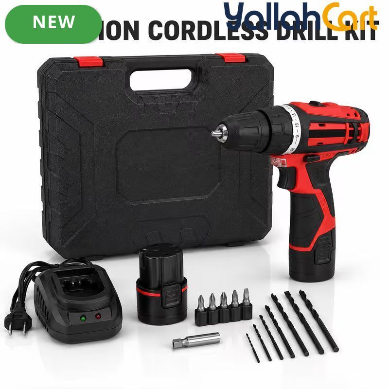 Cordless Drill Driver Kit - Black, 2 Rechargeable Batteries, 10mm Keyless Chuck, Adjustable Torque, Dual Speed, LED Work Light, Battery Indicator, Drill & Screwdriver Bits, Charger And Carry Case