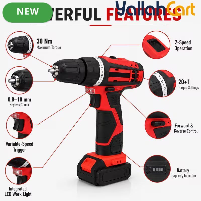 Cordless Drill Driver Kit - Black, 2 Rechargeable Batteries, 10mm Keyless Chuck, Adjustable Torque, Dual Speed, LED Work Light, Battery Indicator, Drill & Screwdriver Bits, Charger And Carry Case