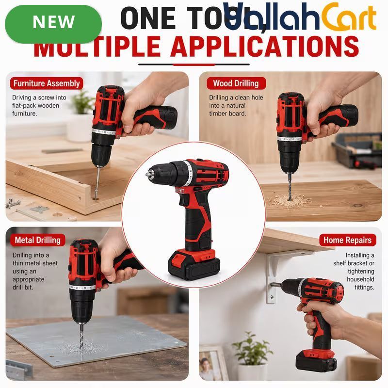 Cordless Drill Driver Kit - Black, 2 Rechargeable Batteries, 10mm Keyless Chuck, Adjustable Torque, Dual Speed, LED Work Light, Battery Indicator, Drill & Screwdriver Bits, Charger And Carry Case
