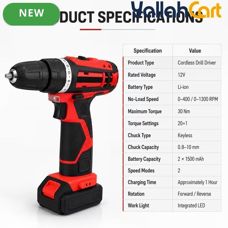 Cordless Drill Driver Kit - Black, 2 Rechargeable Batteries, 10mm Keyless Chuck, Adjustable Torque, Dual Speed, LED Work Light, Battery Indicator, Drill & Screwdriver Bits, Charger And Carry Case