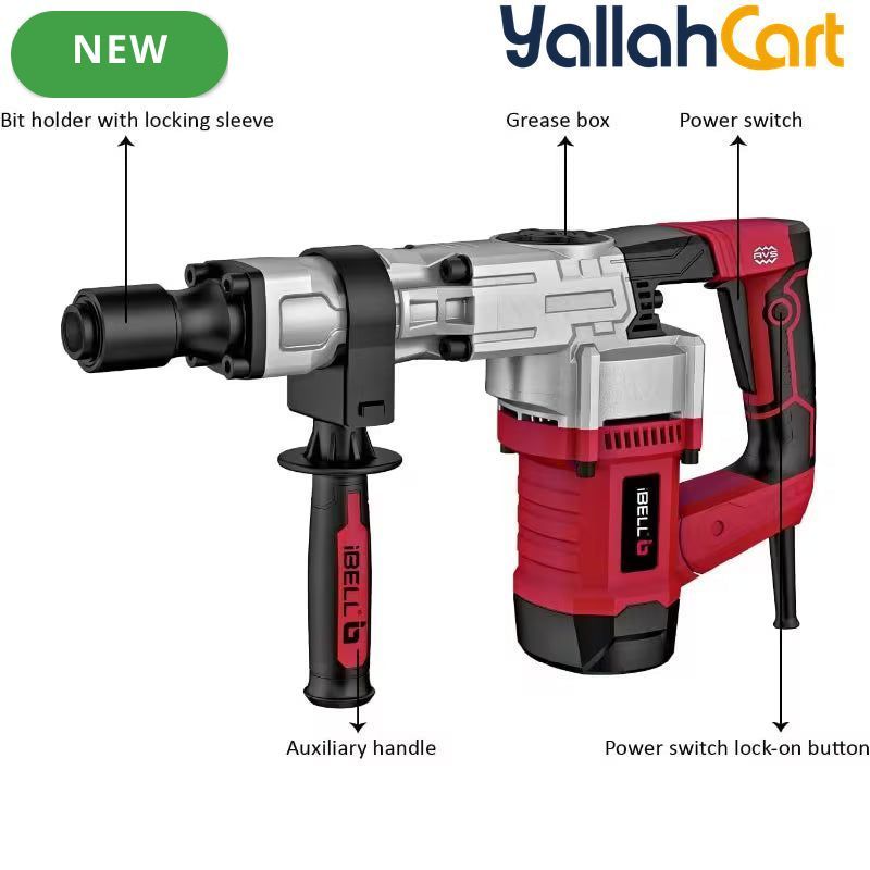 Ibell DH20-30 Demolition Hammer - Red/Black, 1300W Motor, 6.2Kg Heavy Duty Rotary Hammer, 3700BPM, 16J Impact Energy, 17mm Hex Chuck, Vibration Control Knob, Demolition Tool with Storage Box